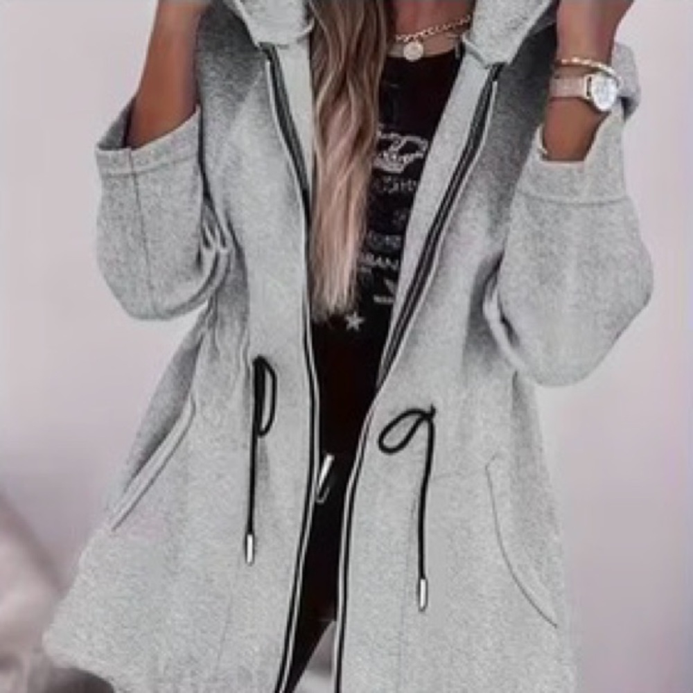 Women’s Gray Zip-Front Hoodie Coat with Drawstring Waist